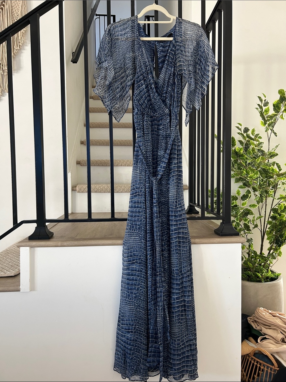 BCBGMaxAzria Navy Blue Printed Maxi Wrap Dress